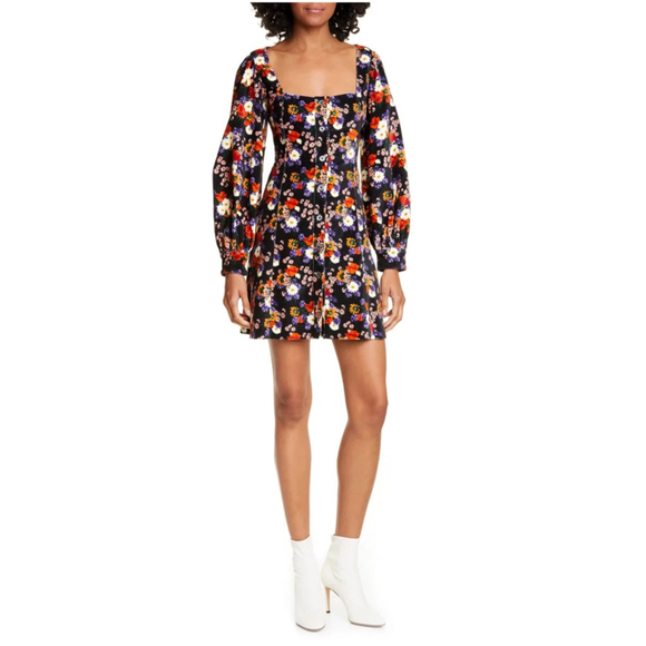 Women's Staud Floral Velvet Mini Dress Large Black Multi-color Coquette Trendy - Picture 1 of 7